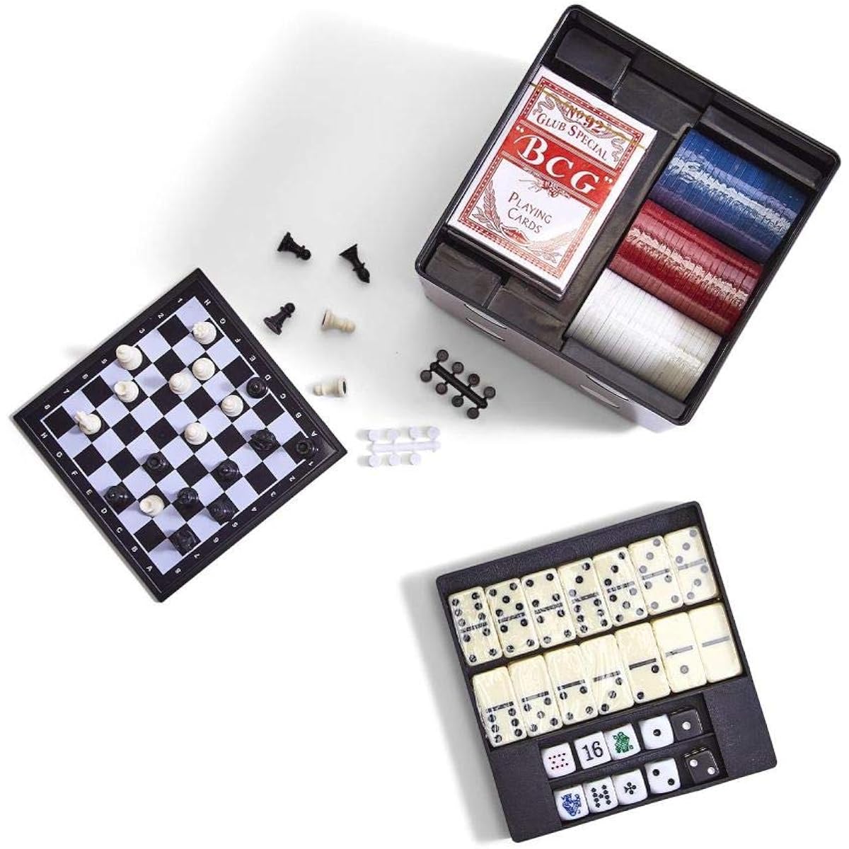 High Roller 6-in-1 GameCube Includes: 60 Poker Chips, 28 Dominoes, 32 Double-Sided Chess Boards, 30 Backgammon, 2 Decks of Poker Cards, Dice - Plastic/Paper/Metal