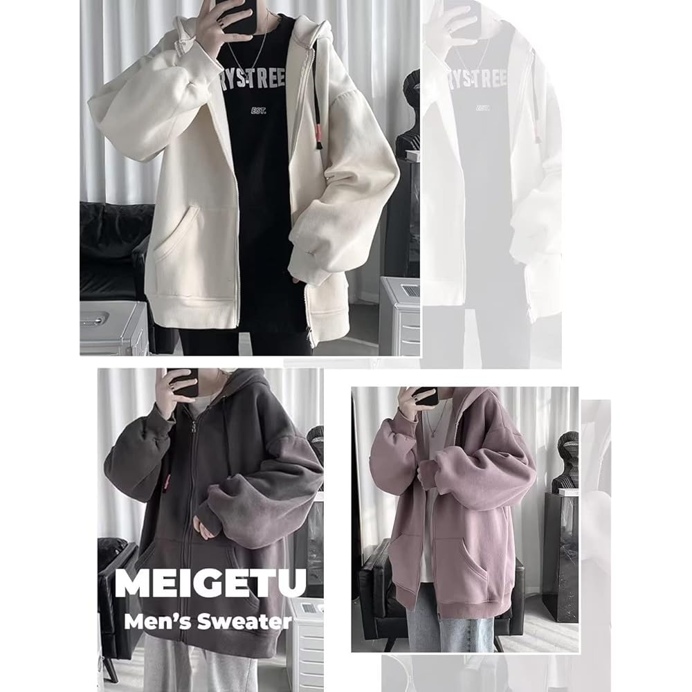 [MEIGETU] Hoodie Men's Sweatshirt Zip Up Plain Full Zip Hoodie Long Sleeve Oversized Big Silhouette Pocket Hooded Large Size Loose Casual Fashion Pullover Autumn Spring Winter Korean Unisex Popular