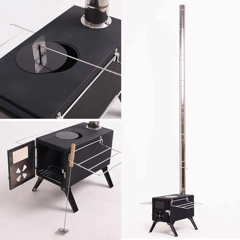 Diligence Wood Stove Folding Small Camping Wood Stove Outdoor BBQ Tent Compact Rectangular Stove Iron Cooking Stainless Steel Chimney Pipe with Glass Window Heat Resistant Fire Stand Wood Fireplace Home Use