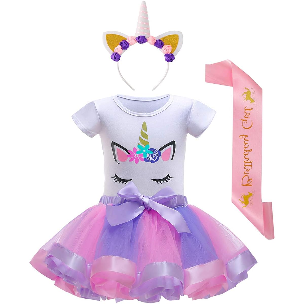 Unicorn Birthday Party Outfit for Little Girls - Unicorn Tutu Dress with Headband, Shirt and Satin Sash