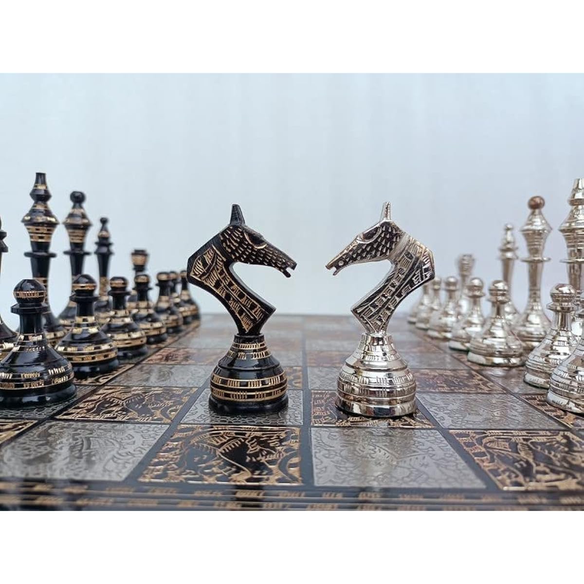 14" Handmade Russian Soviet Series Metal Chess Piece & Board Set with Velvet Storage Box Brass Metal Luxury Chess Set