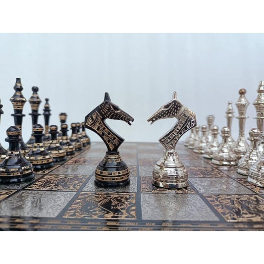 14" Handmade Russian Soviet Series Metal Chess Piece & Board Set with Velvet Storage Box Brass Metal Luxury Chess Set