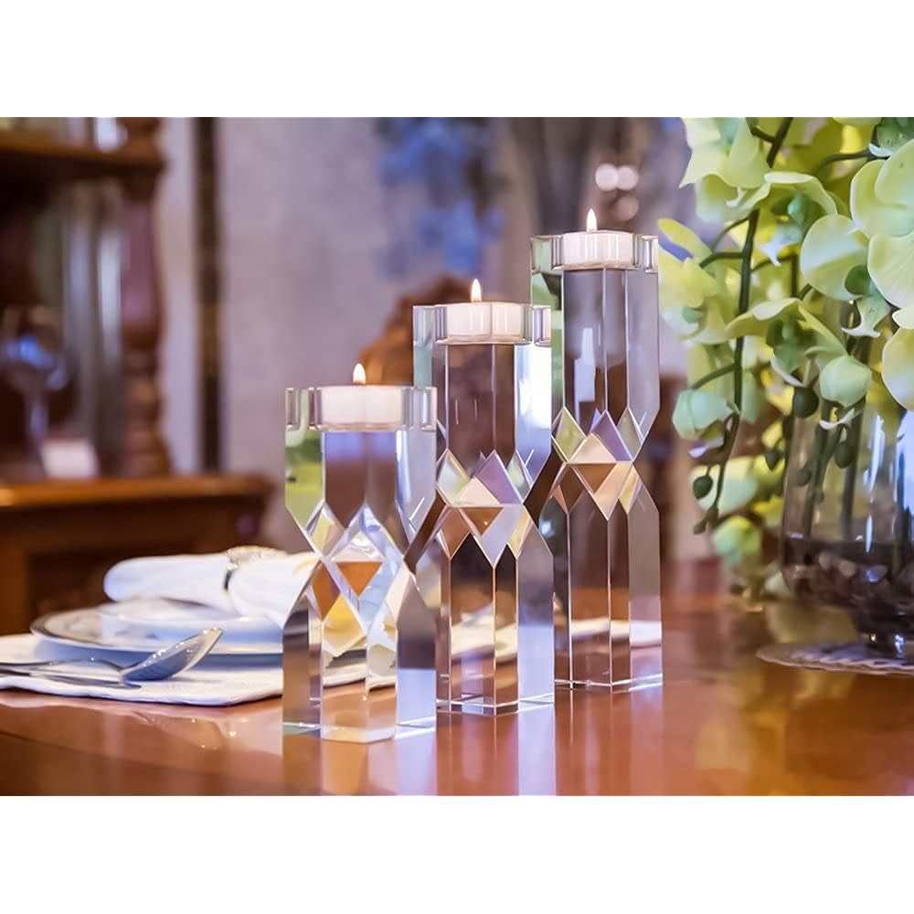 Le Sens Amazing Home 3 Piece Large Crystal Candle Holder Set 4.6/6.2/7.7 Inch Height Elegant Heavy Solid Square Diamond Cut Tealight Holder Set for Home Decoration Centerpieces for Weddings
