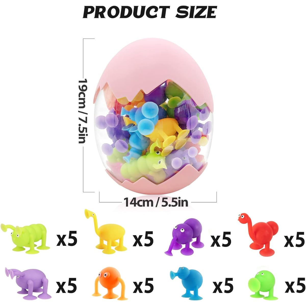 40pcs Suction Cup Toys for Kids Bath Toys Ages 3+ Sensory Toys Stress Relief Toys Travel Toys Suction Toys Silicone Animal Suction Toys with Dinosaur Eggshell Storage Pink