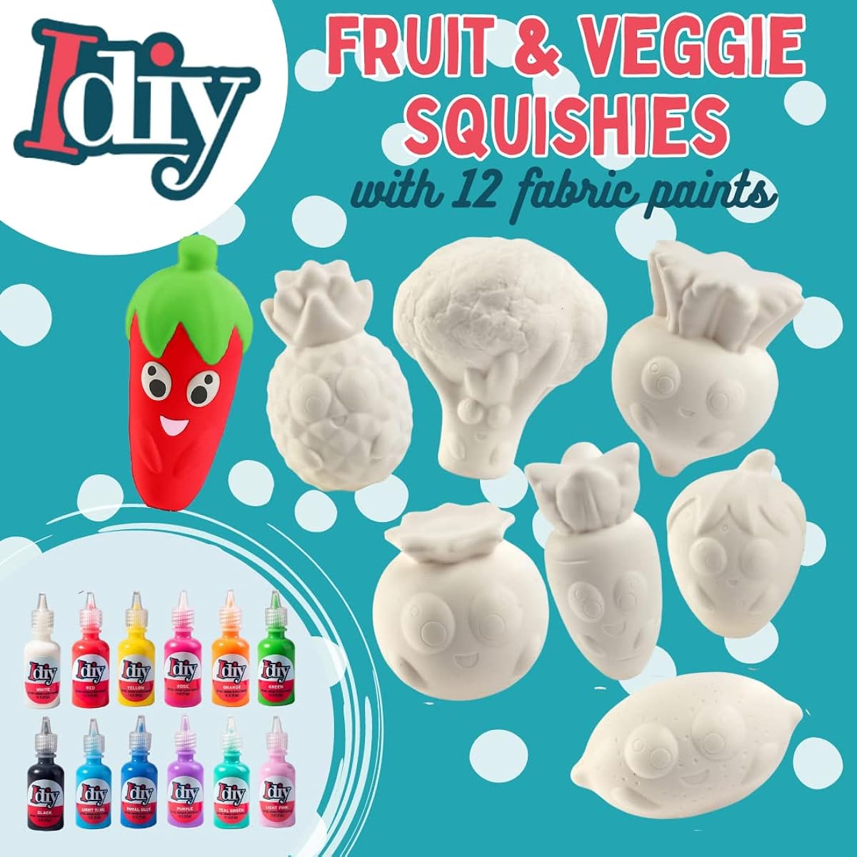 Jumbo Fruit & Veggie Squishy (with 12 Shapes and 12 Fabric Paints) - White Kawaii Scent Slowly Recovering Squishy Toy Decoration Scented Stress Relief Craft Kids School Birthday Party Activity Gift (4-6 inches)