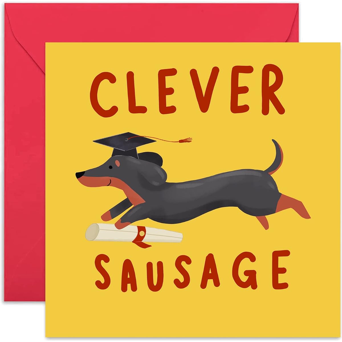 Old English Co. Clever Sausage Card - Funny Pun Dog Dachshund Congratulations Greeting Card | Pass Exam College Driver's License Exam | Blank Inside & Envelope Included