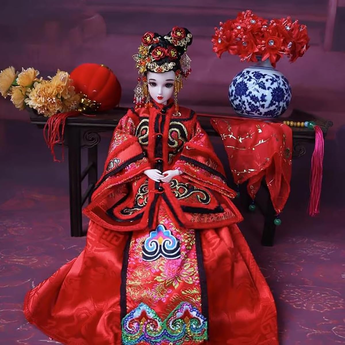 Bjd 1/6 Ball Jointed Doll for Girls, 12 Joints Ancient Hanfu Doll, with Chinese Wedding Clothes and Hat, Birthday Gift for Little Girls