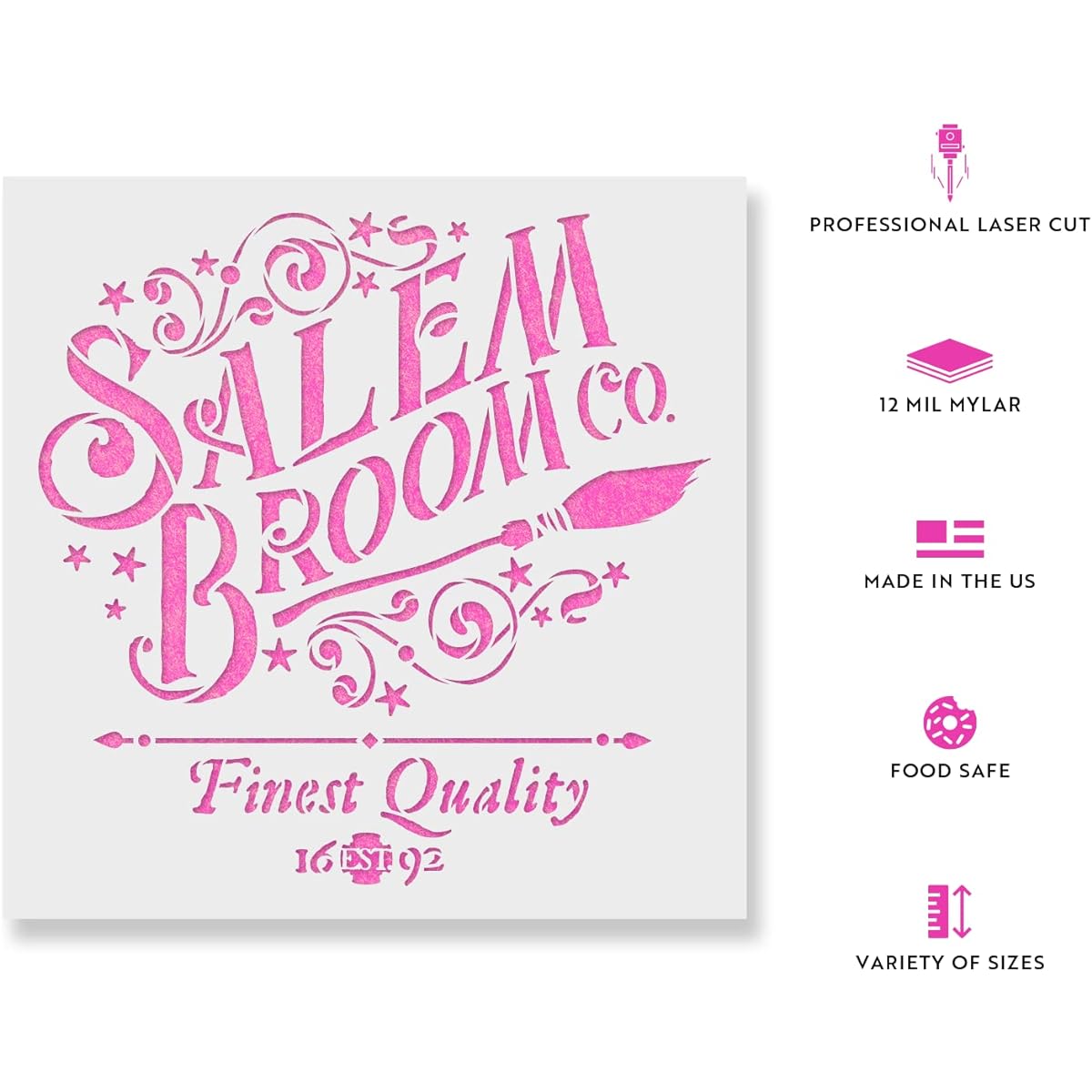 Salem Broom Witch Sign Halloween Stencil - Reusable Stencil for Painting - DIY Salem Broom Witch Sign Halloween Home Decor, 20"x20", White