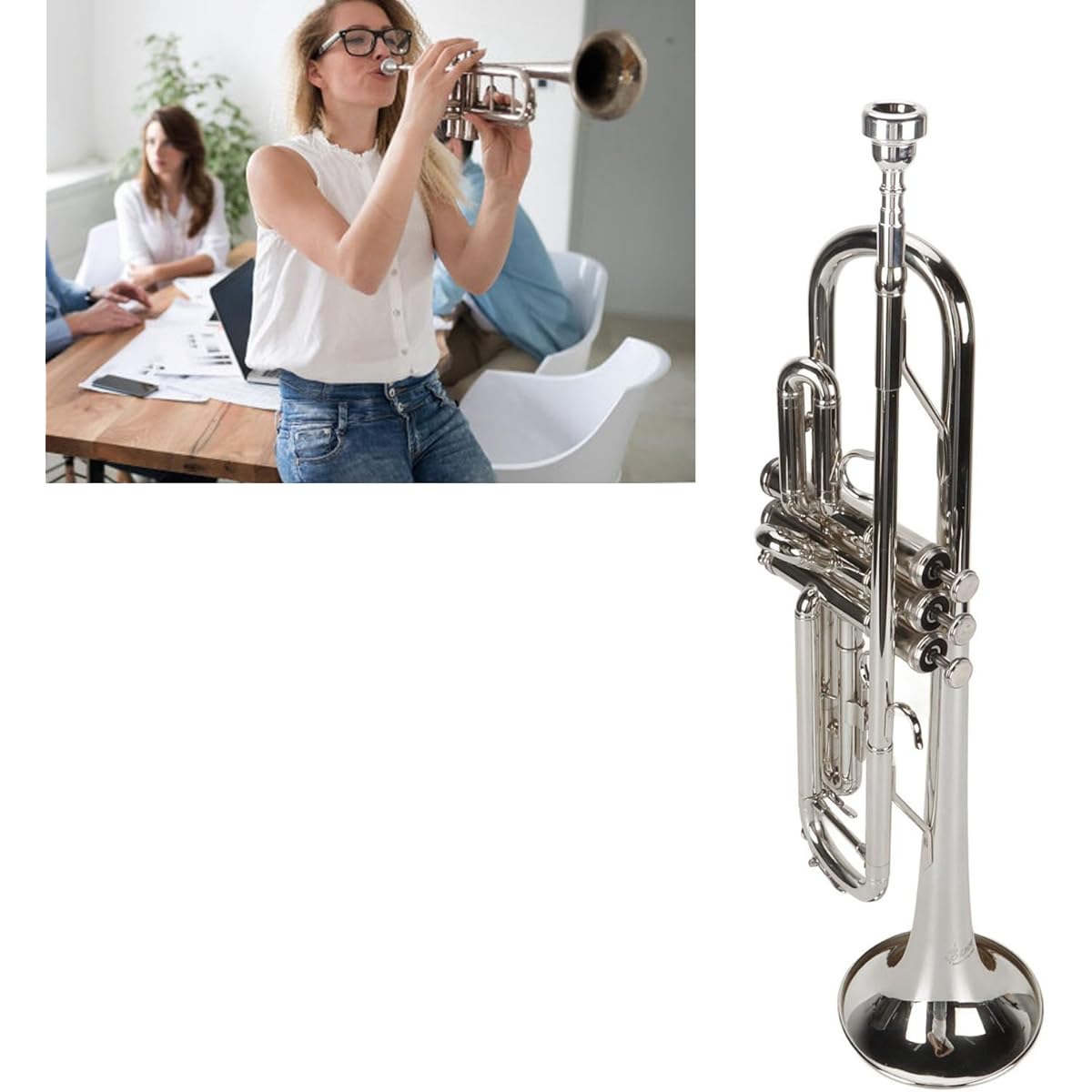 Trumpet Wind Instrument Bb Trumpet Set Integrated Design Strong Airtightness Ideal for Daily Playing (Silver)