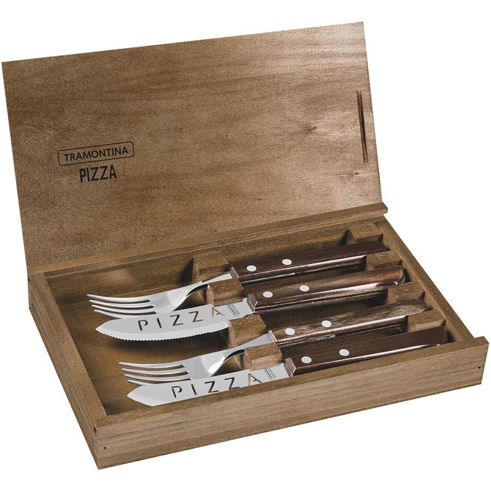Tramontina Polywood Heavy duty natural wood handle pizza table knife 21cm & table fork 21cm Set of 4, wooden box, wooden handle that can be washed in the dishwasher, strong against impact, perfect for commercial use, dishwasher safe, Respect for the Aged