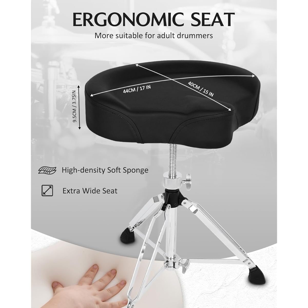 STRICH Saddle Drum Throne Seat Swivel Adjustable Padded Drum Stool Heavy Duty Motorcycle Style Wide Drum Chair Guitar Stool SDB-30