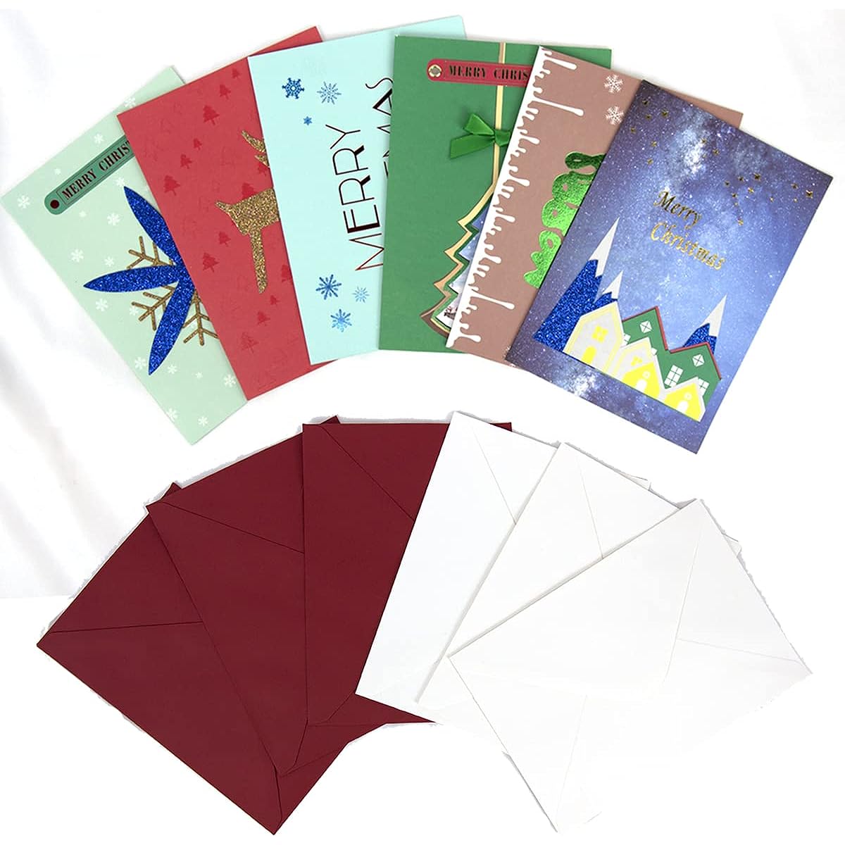 Handmade Boxed Christmas Cards 6 Patterns Shiny Snowflake Golden Moose Christmas Tree Metal Buckle (6 Cards with Envelopes and Snowflake Stickers)