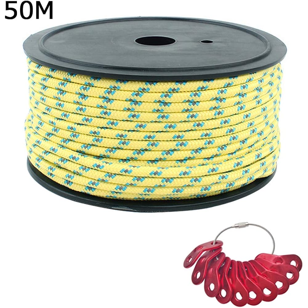 Lukinsen Tent Rope with Reflective Material Diameter 5mm x Length 20m/30m/50m High Visibility Guy Rope Tarp Rope with 10 Flexible Hardware for Camping and Outdoor Use (50m-Yellow Camouflage (Reflective))