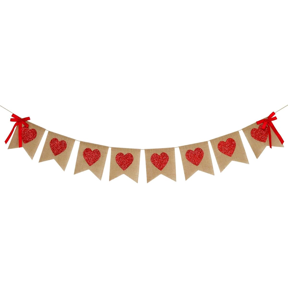 Burlap Heart Banner Garland | Red Glitter Hearts | Valentine's Day Decorations | Rustic Valentine's Decor | Valentine Burlap Banner | Wedding Anniversary Birthday Party Decoration Supplies