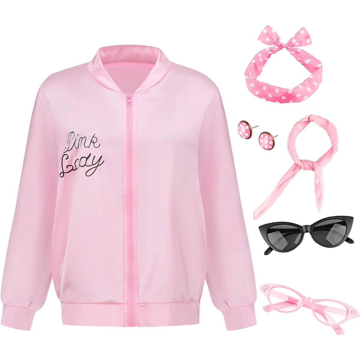 Colorful House 50s Costume Grease Accessories Set Satin Pink Women's Jacket Scarf Headband Cat Eye Glasses Earrings