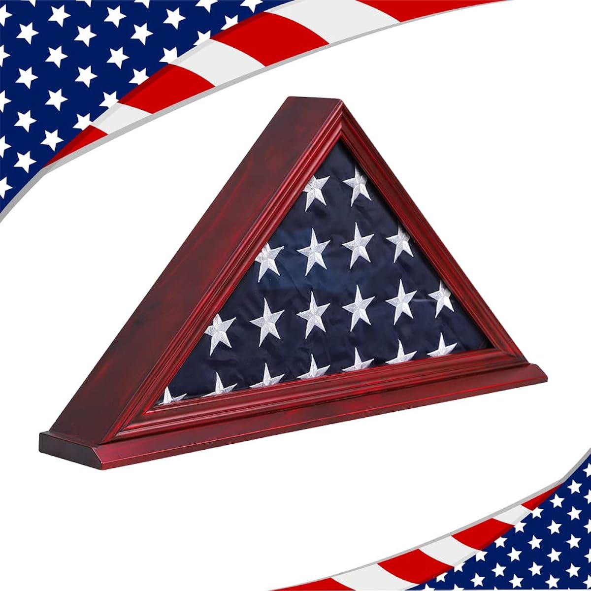 Flag Display Case Triangle Military Shadow Box with Flat Base 5'x9.5' US Veterans Burial Memorial Funeral Flag Real Glass Front Wall Mountable Solid Wood Military Flag Case Cherry
