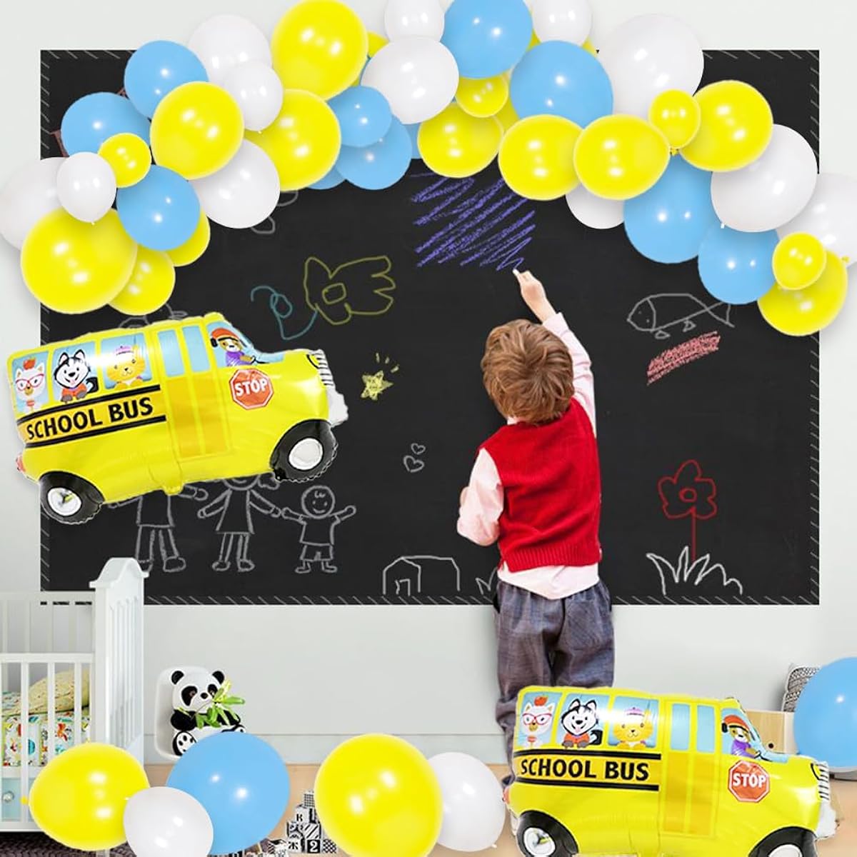 HappyField School Bus Party Decorations, School Bus Balloons, Blue, Yellow, White, Balloon Kit for Boys and Girls, Back to School Supplies, First Semester Decorations, Birthday, Baby Shower Favors