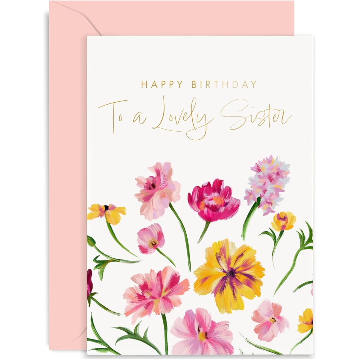 Old English Co. Happy Birthday Card for Brother or Sister - Pretty Gold Foil Flower Design - Colorful Floral Lovely Sister Birthday Card | Blank Inside with Envelope