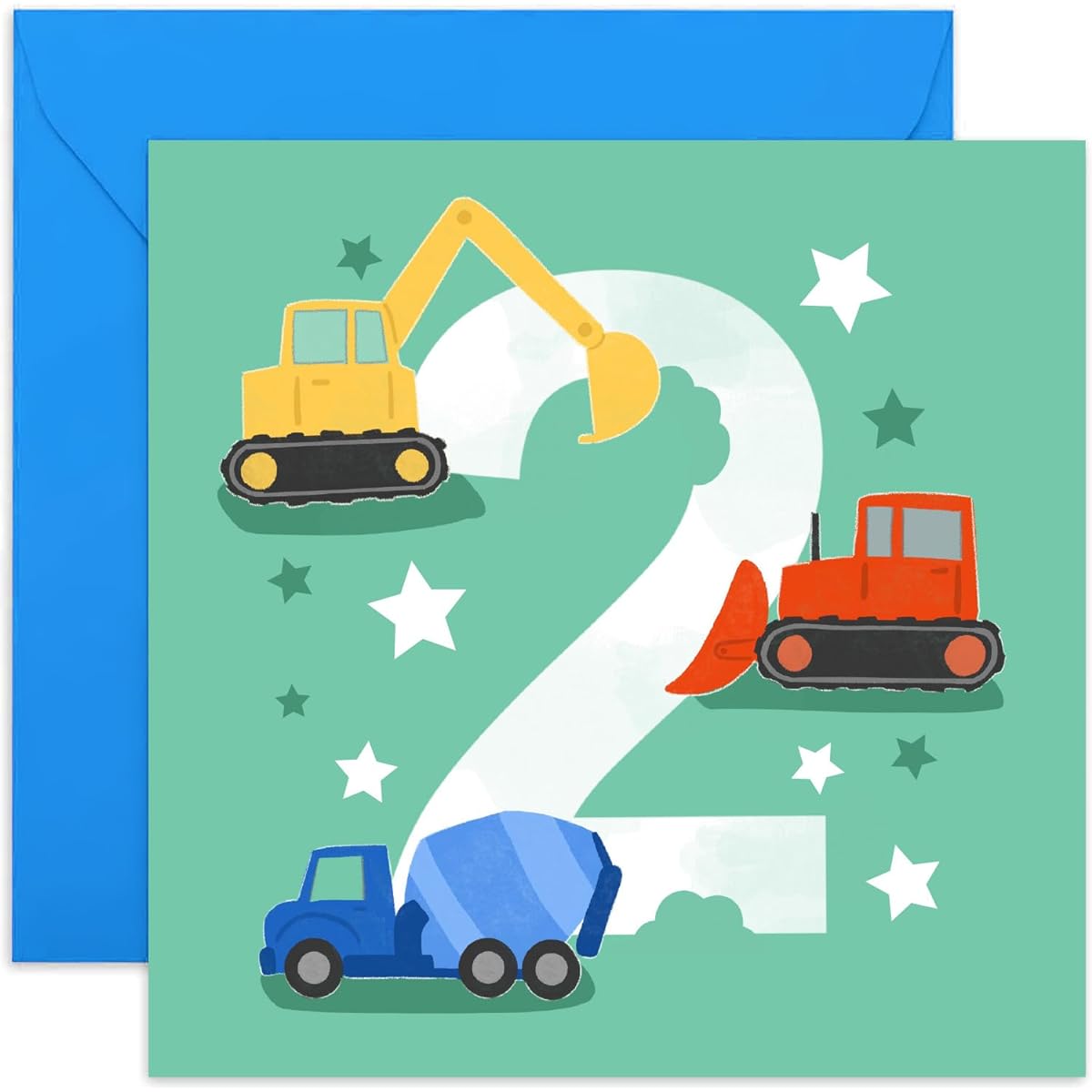 Old English Co. First Birthday Card for Boy or Girl - Happy 2nd Birthday Card - Bargain Tractor Construction Vehicle Theme - 2 Year Old - Grandson, Son, Daughter | Blank Inner Envelope