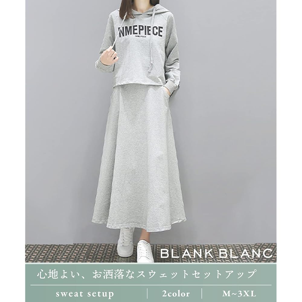 [BLANK BLANC] Setup 2 Piece Set Hoodie Sweat Tops Long Skirt Room Wear Top and Bottom Set M-3XL