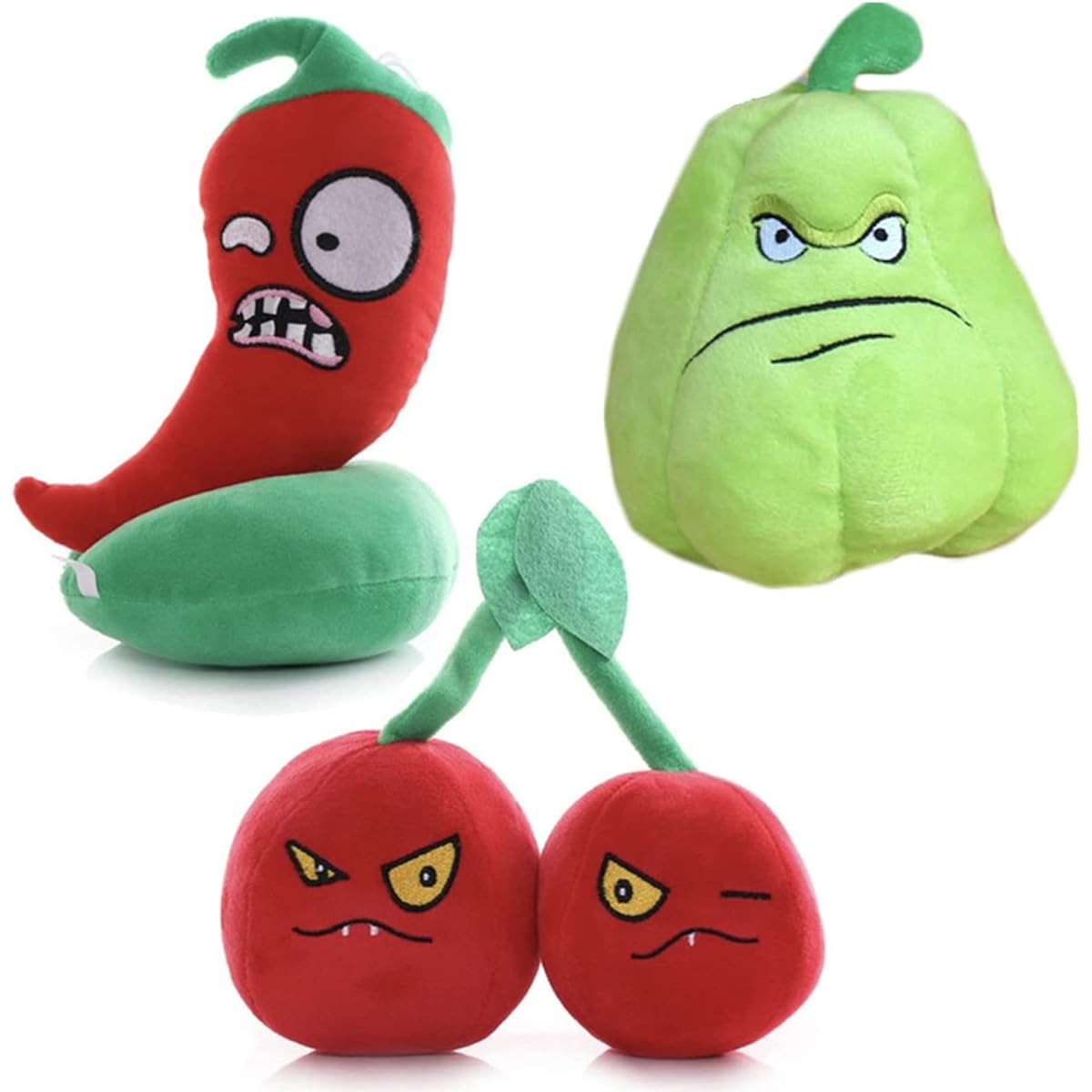 Suyudian PVZ Plants and Zombies Plush 3 Piece Set 1 2 Soft Toy Chili Double Cherry Wogua PVZ Figure Dolls Great Gift for Boys and Girls