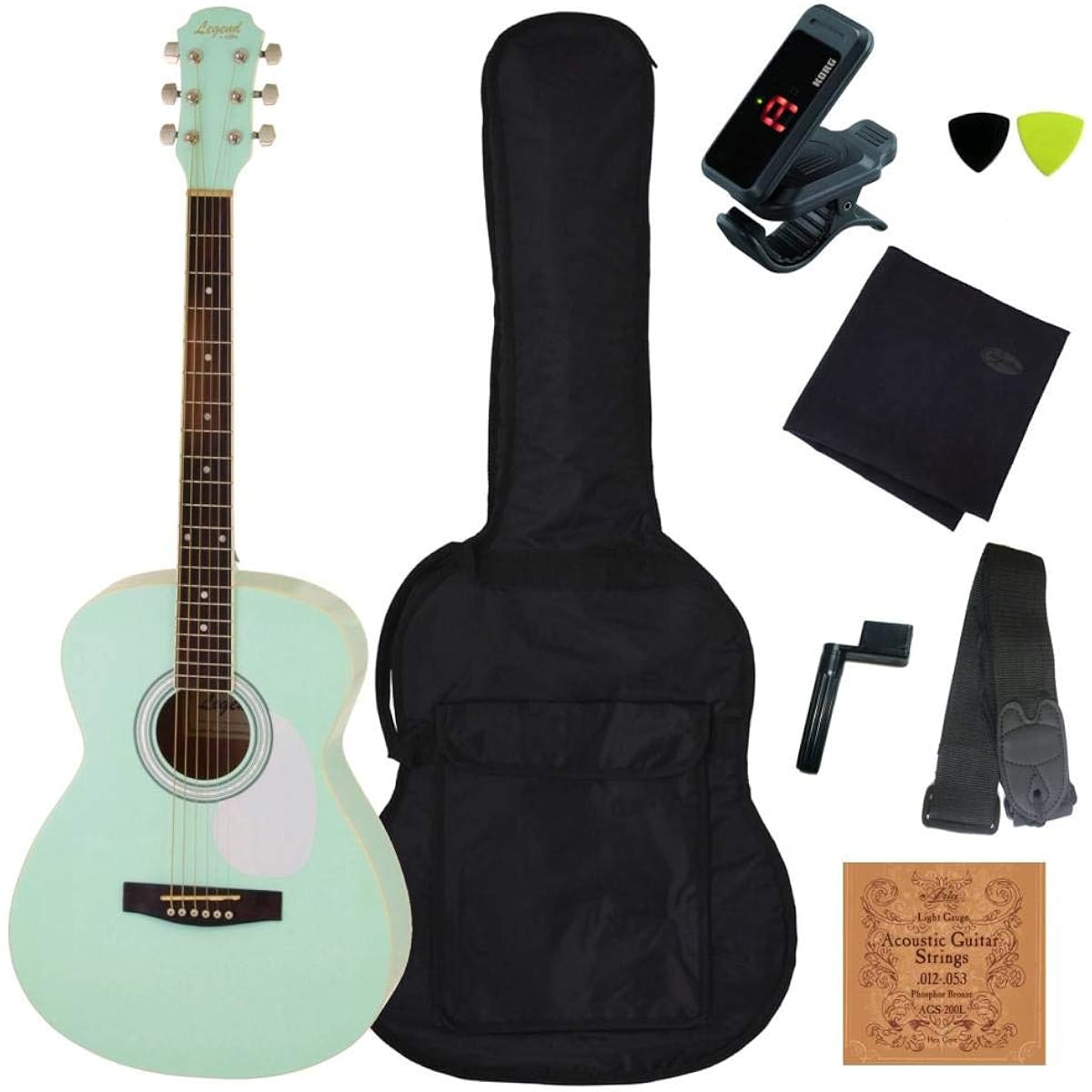 [Limited color] [Classic 8-piece set] Legend FG-15/SFGR Surf Green Legend by Aria ProII Folk guitar beginner's set