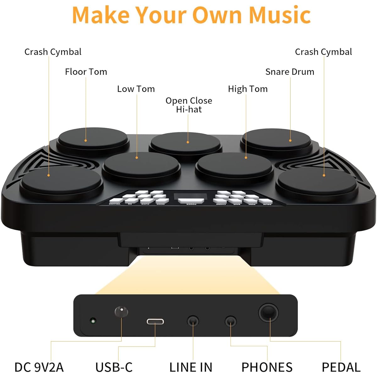 KONIX Electronic Drum Set, Tabletop Electric Drum Kit, 7 Pad Portable Digital Drum Pad Machine with Digital Panel, Built-in Speaker, PC Connection Support, Perfect Gift for Teens and Adult Beginners