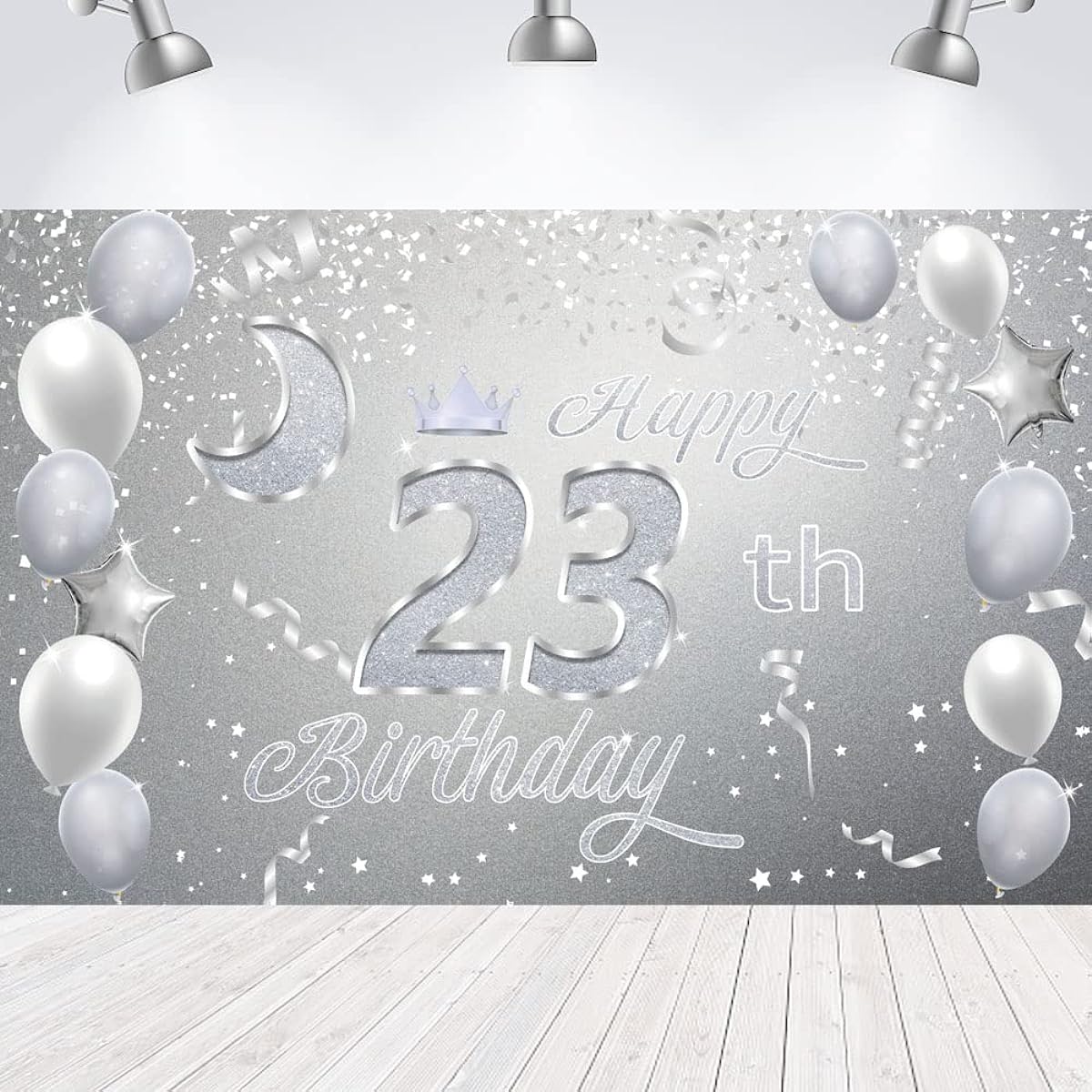 Sweet Happy 23th Birthday Backdrop Banner Poster, 23rd Birthday Party Decorations, 23rd Birthday Party Supplies, 23rd Photo Background for Girls, Boys, Women, Men, Silver, 72.8 x 43.3 Inch
