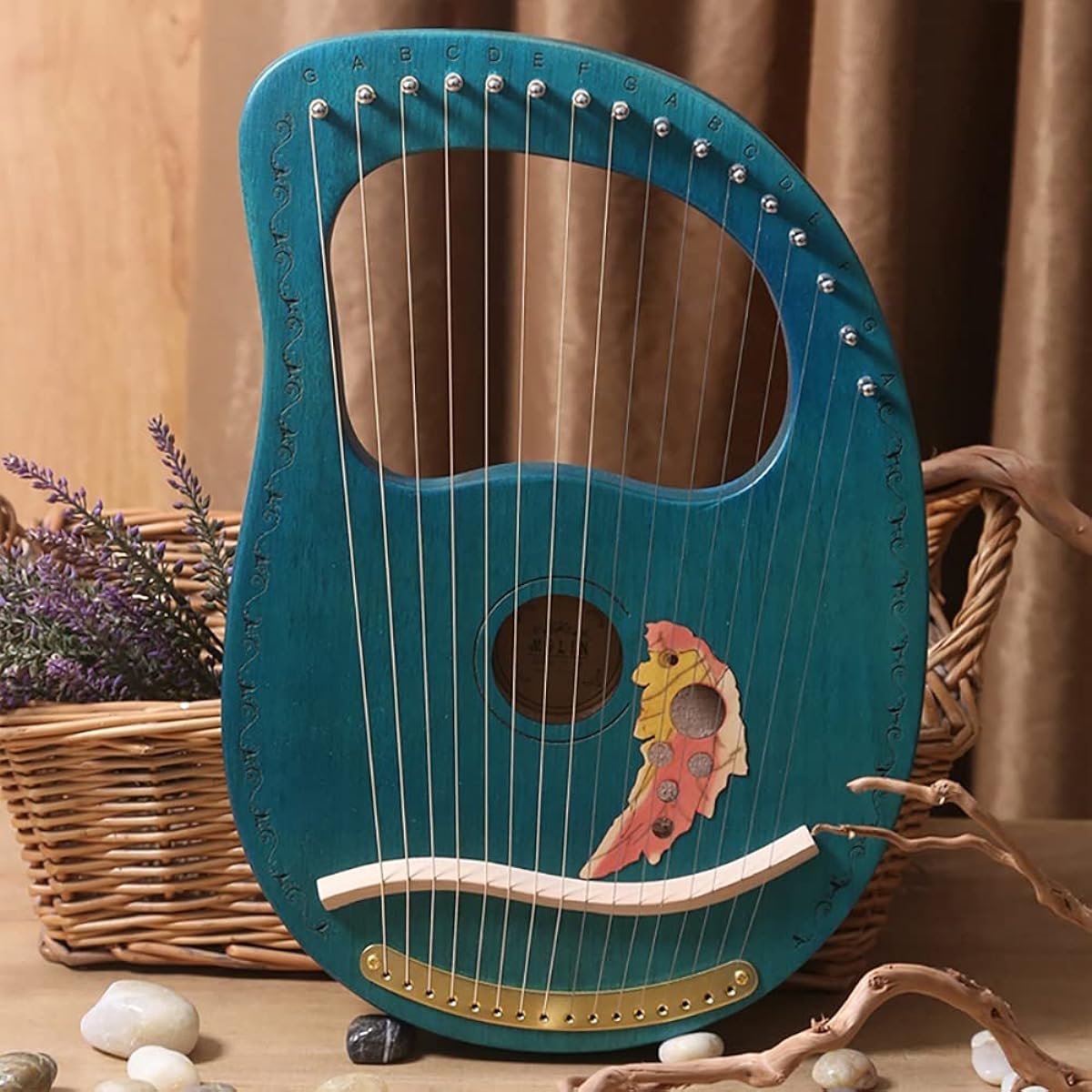 WowZza 16 Metal String Lyre Harp, Lyre Harp with Durable Gig Bag and Tuning Wrench, Musical Instrument for Adults/Kids, Goldfish Pattern/Atrovirence