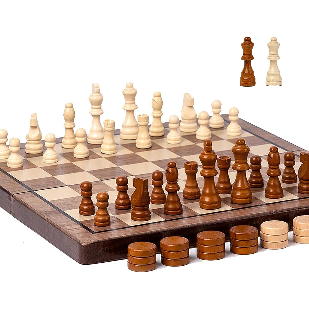 Chess Set 15" Chess Board Wooden Magnetic Folding Chess Board Set for Adults & Kids Checkers Game for Kids Portable Travel Chess Game for Beginners with 2 Extra Queens