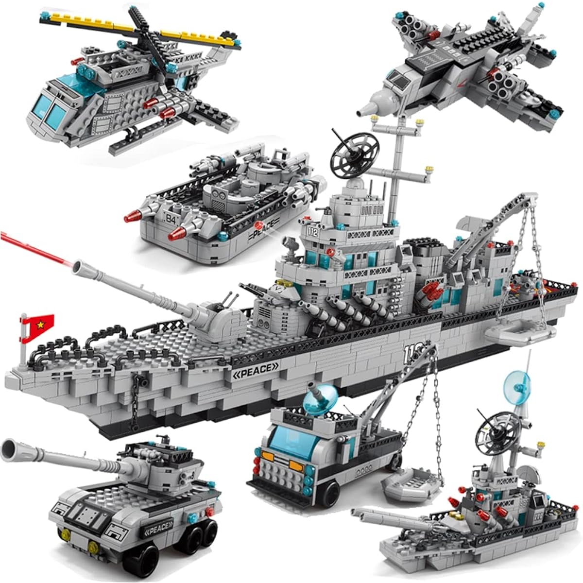 Uvini Navy Destroyer Building Blocks Set, Warship Building Kit, 6 in 1 Military Battleship Building Set, Toys Gifts for Boys Ages 8+, Gifts for Adults, 1560 Pieces