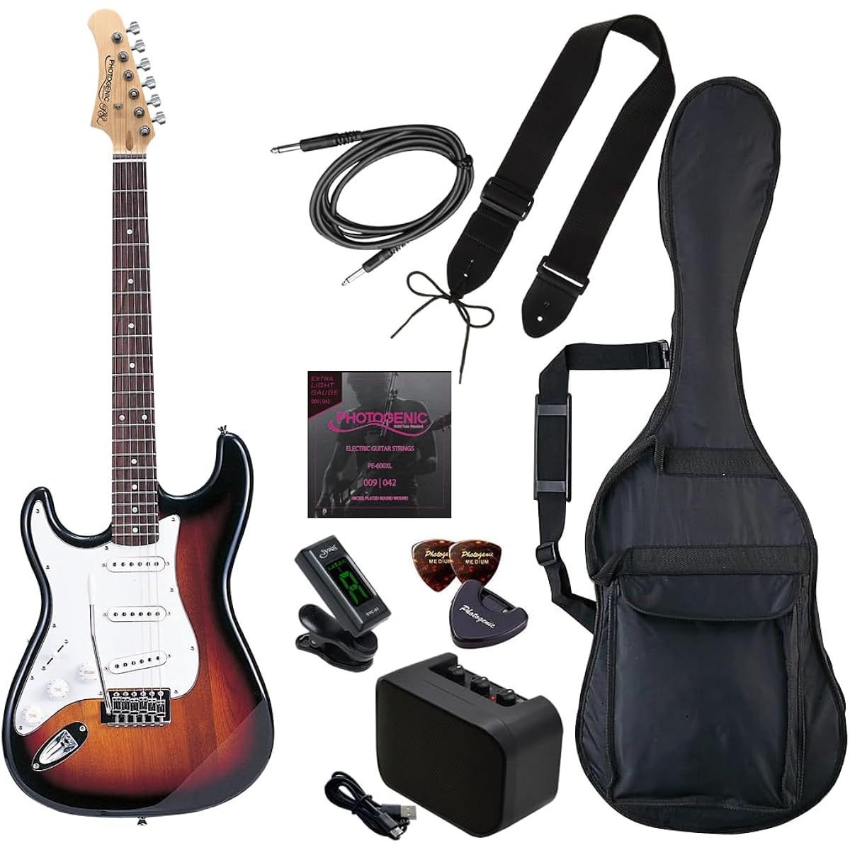 PhotoGenic Electric Guitar Beginner Light Set ST Type ST-250LH/SB Sunburst Left Hand Model [Soft case/shield/mini amplifier/tuner/strap/pick/pick case/strings/adjustment wrench included]
