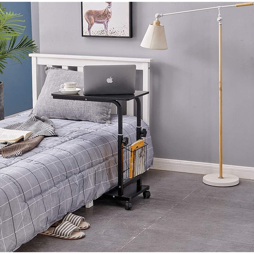 NeatClean Side Table, Liftable, U-shaped Design, Movable Desk, Desk with Casters, Storage Shelf Included, Night Table, Easy to Remove Stains (Black)