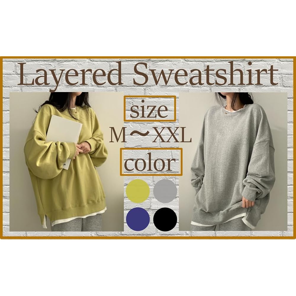 [ririka] Layered style tops pullover sweatshirt cut and sew lining brushed long sleeve fashionable loose casual women's