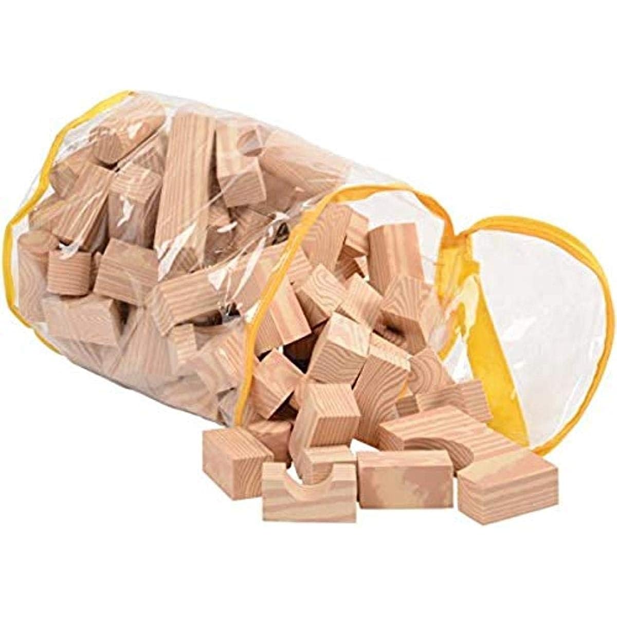 Constructive Playthings Wood Look High Density Foam Building Blocks 100 Piece 13 Shape Set with Storage Bag, Ages 3+