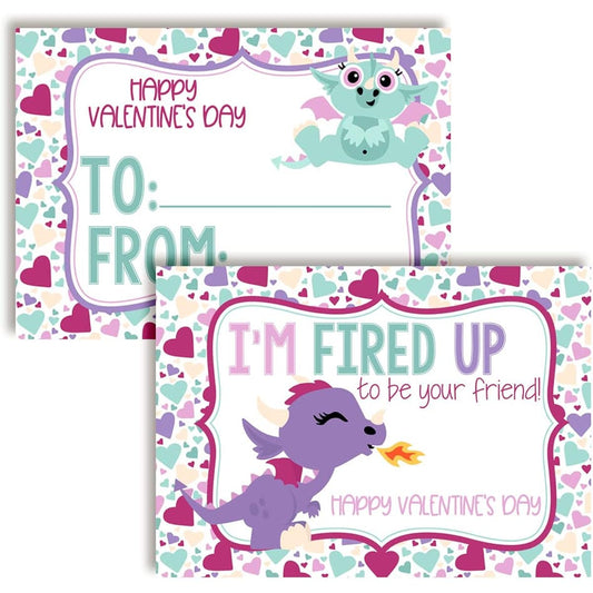 Amanda Creation Fired Up Dragon Themed Valentine's Day Exchange Cards for Kids to Give to Friends and Classmates - 30 3.5" x 5" Fill-in Cards (No Envelopes)