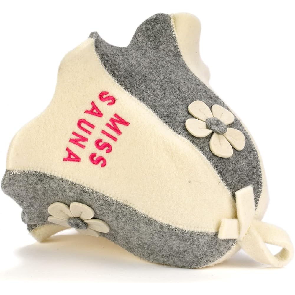Natural Sauna Hat "Miss Sauna Grey/White" White/Gray 100% organic wool material makes you feel like you're in a Russian sauna - Protects your head from the heat - English about saunas Comes with an e-book guide – with embroidery