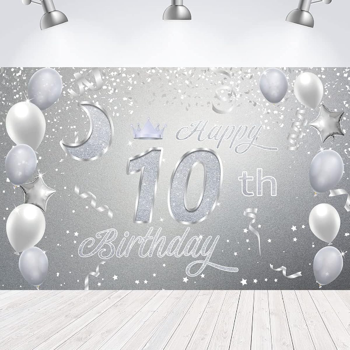 Sweet Happy 10th Birthday Backdrop Banner Poster, 10th Birthday Party Decorations, 10th Birthday Party Supplies, 10th Photo Background for Girls, Boys, Women, Men, Silver, 72.8 x 43.3 Inch