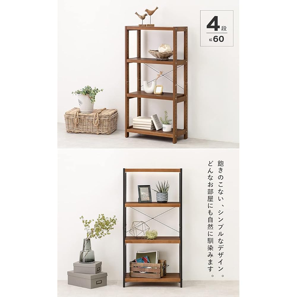 Hagihara Wood Rack Open Rack Shelf Wall Storage Width 60 Depth 30 Height 120 cm Rustic Light Brown Wooden Pine 4 Tier Movable Shelf Rack MCC-6035LBR 1 unit