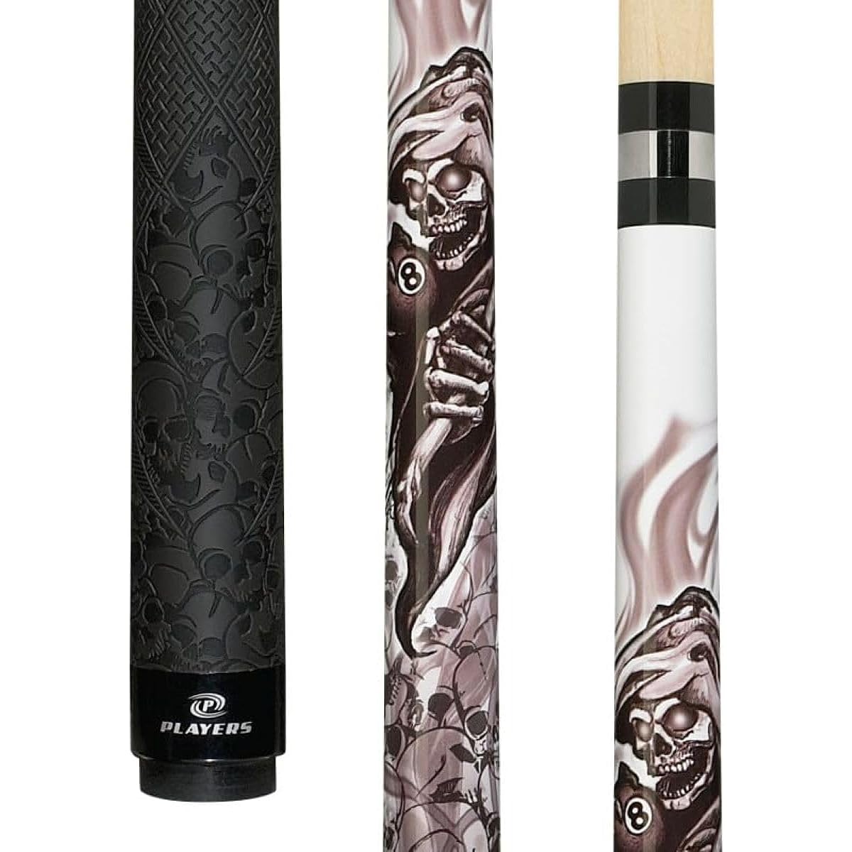 Players D-GR White with Reaper Holding 8-ball on Skull Pile Cue