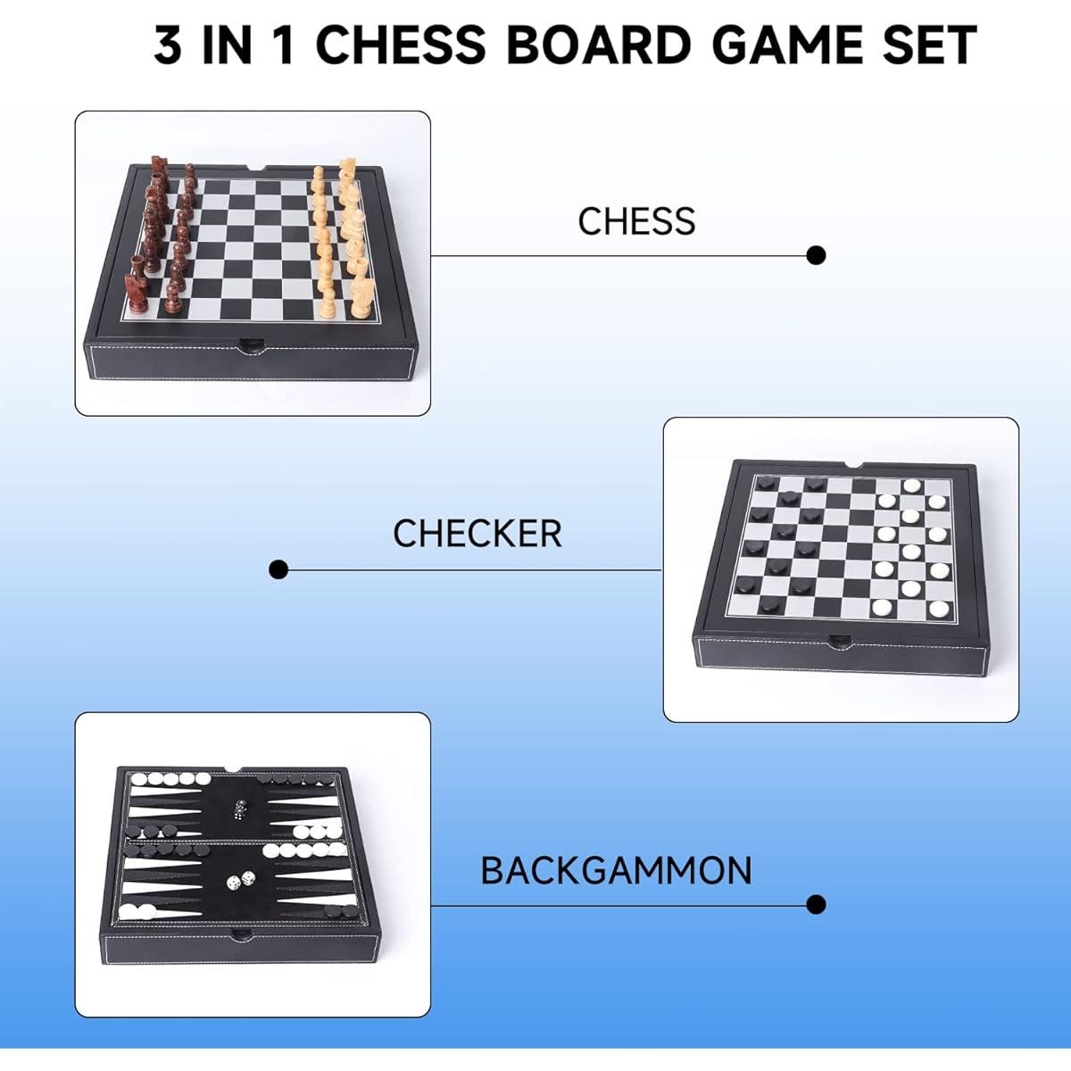 GSE 12.5" Premium Leather 3-in-1 Checkers Backgammon Board Game Combo Set, Classic Board Strategy Game for Kids & Adults