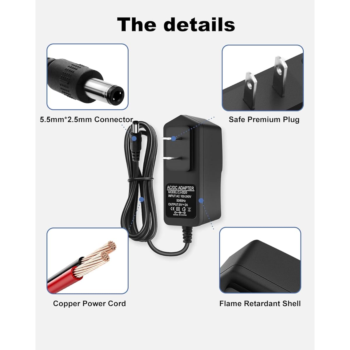 DC Power Supply 5V 2A 2000mA 10W AC Adapter 100-240V AC to DC 5 Volt 2 Amp Power Adapter 5.5mm X 2.5mm with US Plug for LED Strip Light VoIP Android TV Box etc.