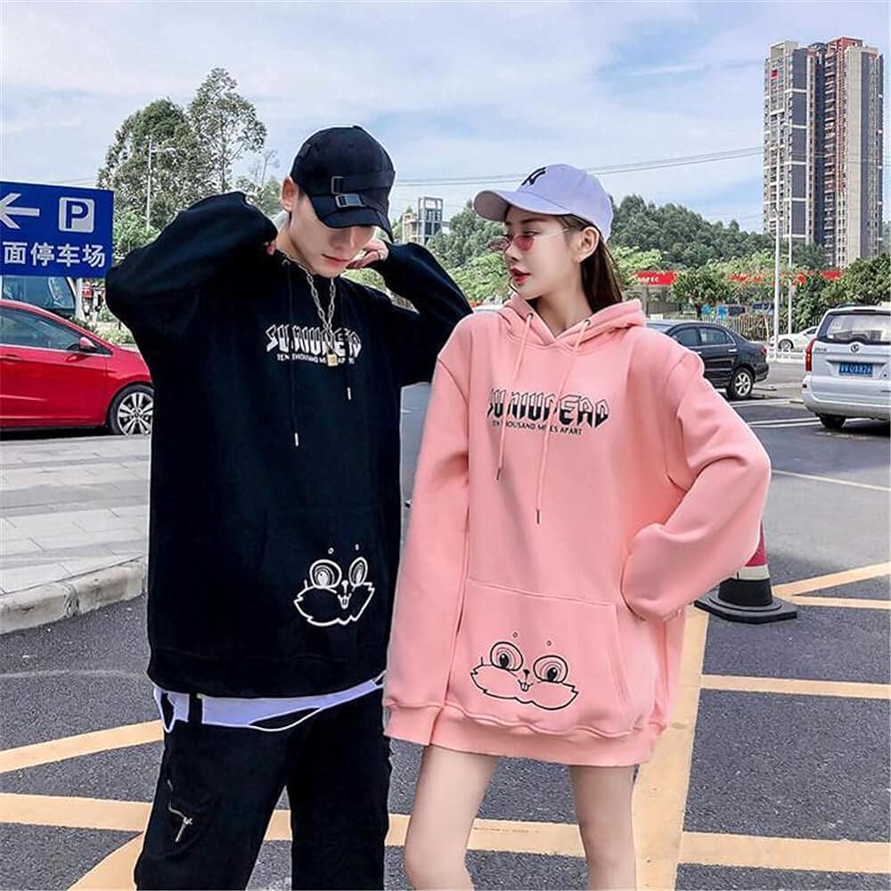 [JUTAOPIN] Matching Look Couple Parka Fleece Lined Couple Matching Sweatshirt Pullover Men's Coat Jacket Long Sleeve Tops Women's Loose Large Size Outerwear Unisex White Black Pink Rabbit Ears L LL 3L