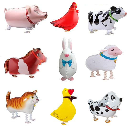 9 Pieces Walking Animal Balloons Farm Animal Foil Mylar Balloons for Birthday Party BBQ Party Decorations (Pony, Duck, Rooster, Cow, Pig, Sheep, Spotted Dog, Rabbit, Cat)