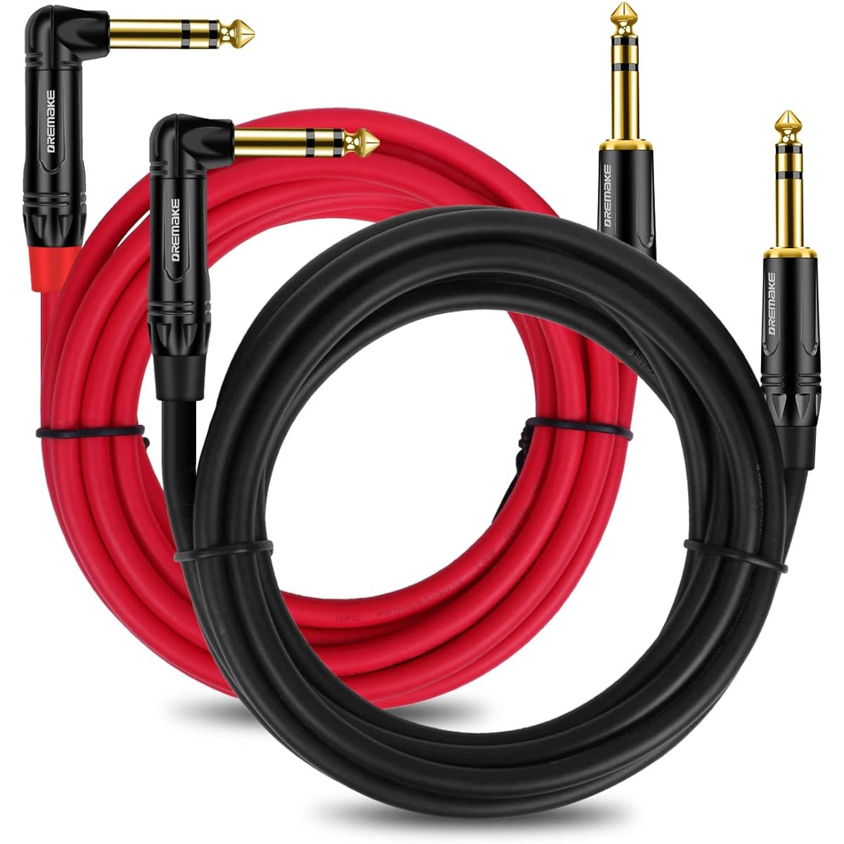 DREMAKE Guitar Cable Cord 6ft 2 Pack TRS 1/4 Straight to Right Angle Professional Instrument Guitar Amplifier Cable TRS 6.35mm Male to Male Balanced Audio Cable Pro Audio Effect Pedal Quarter Inch