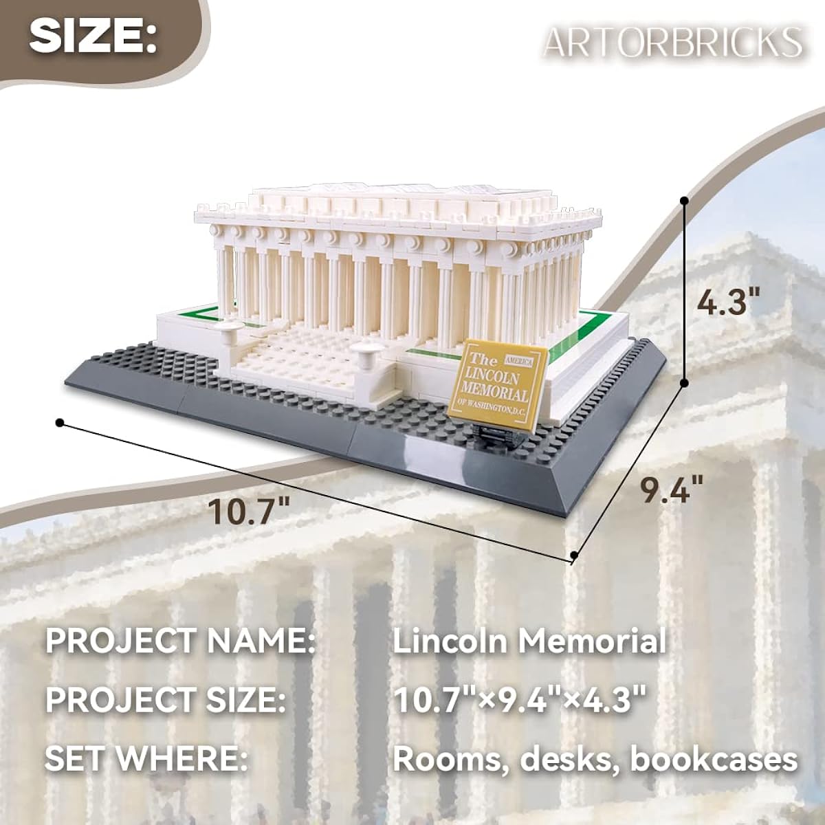 ArtorBricks Architecture Lincoln Memorial Large Collection Building Set Model Kit Gift for Adults Compatible with Lego (973 Pieces)