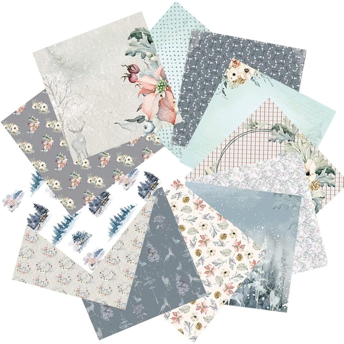 Winter Forest Trees Leaves Flowers Snow Deer 6" x 6" Decorative Craft Paper Pads 24 Sheets Single Sided Scrapbook Paper 160GSM Cuttable Scrapbook Card Making Album Supplies