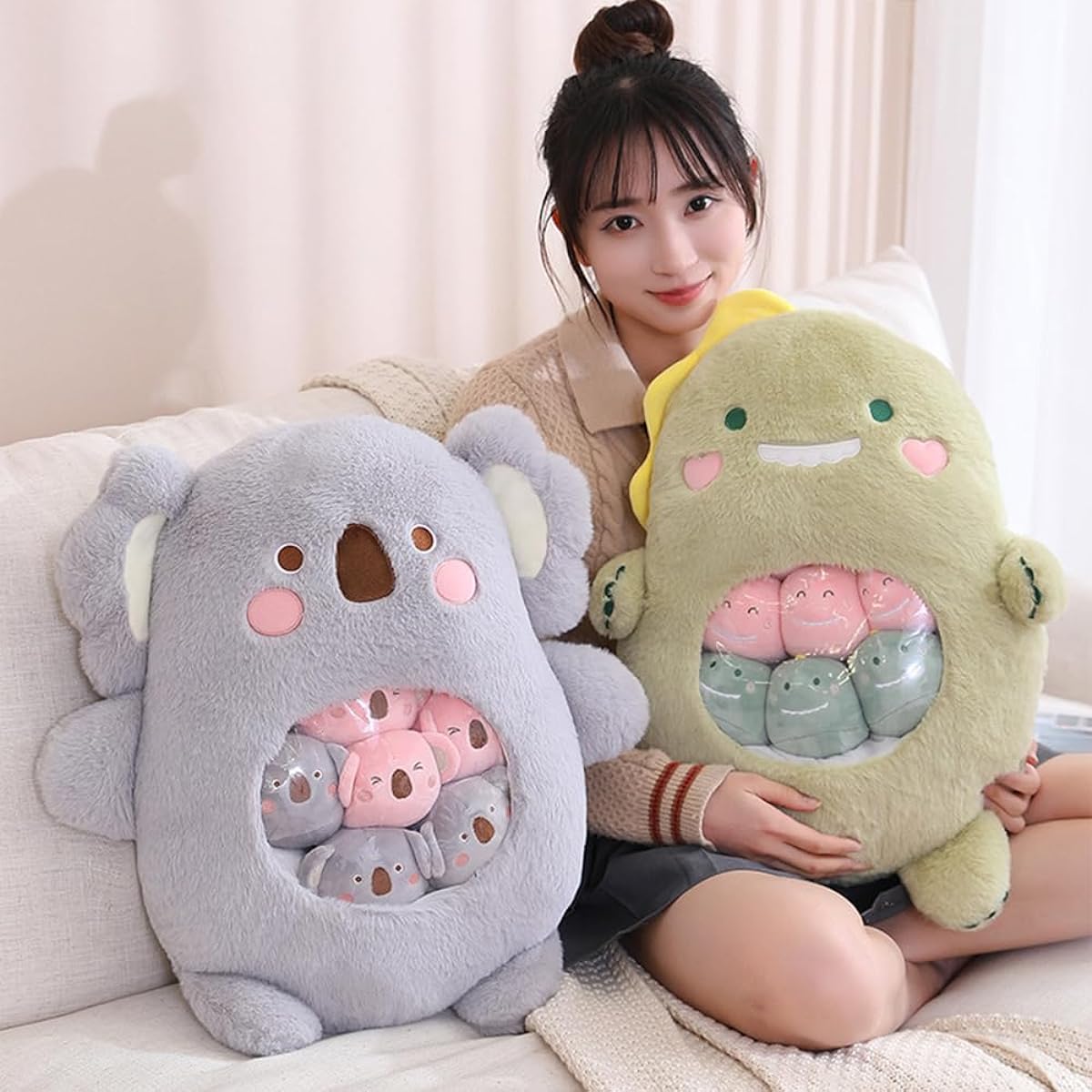 ARELUX Cute Dinosaur Plush Pudding Pillow: Snack Pillow, Toy Bag, Removable Plush Toys, 8 Piece Set, Creative Kids Soft Dinosaur Stuffed Animal Throw Pillow, Doll Gifts for Girls and Boys