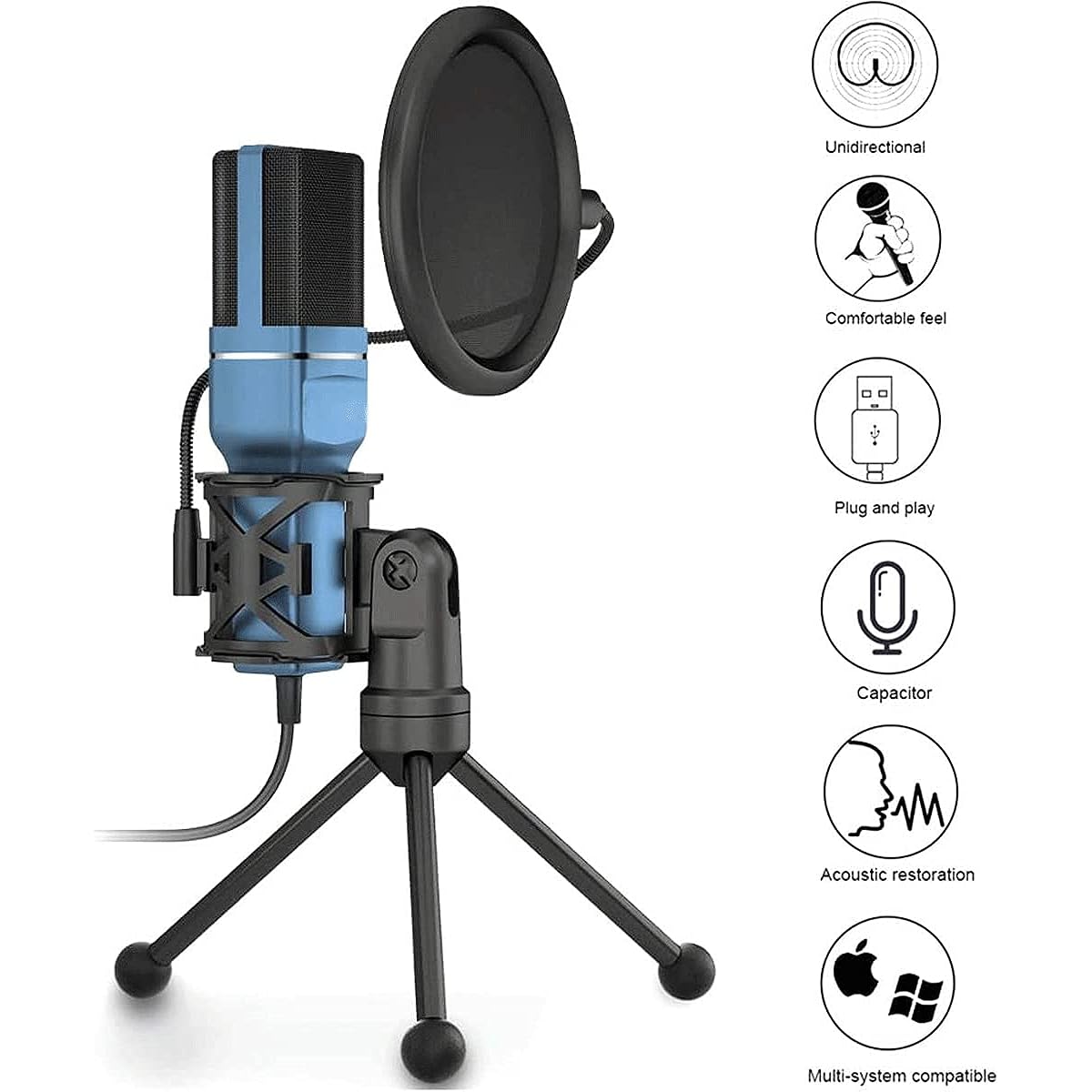USB Condenser Microphone, Professional Studio Cardioid Microphone Kit with Windscreen and Shock Mount (Color : Black) (Blue)