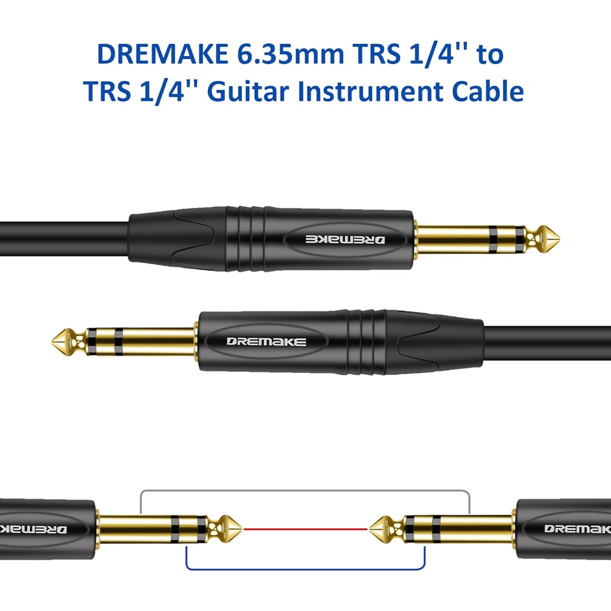 DREMAKE 5 Pack 6.35mm~6.35mm Stereo Audio Instrument Cable - 25' TRS 1/4" (6.35mm) Bass & Electric Guitar Amplifier Cord - Jack 6.5mm Quarter Inch Straight M/M Pedal Patch Cord - 5 Pack 1/ 4 inch TRS